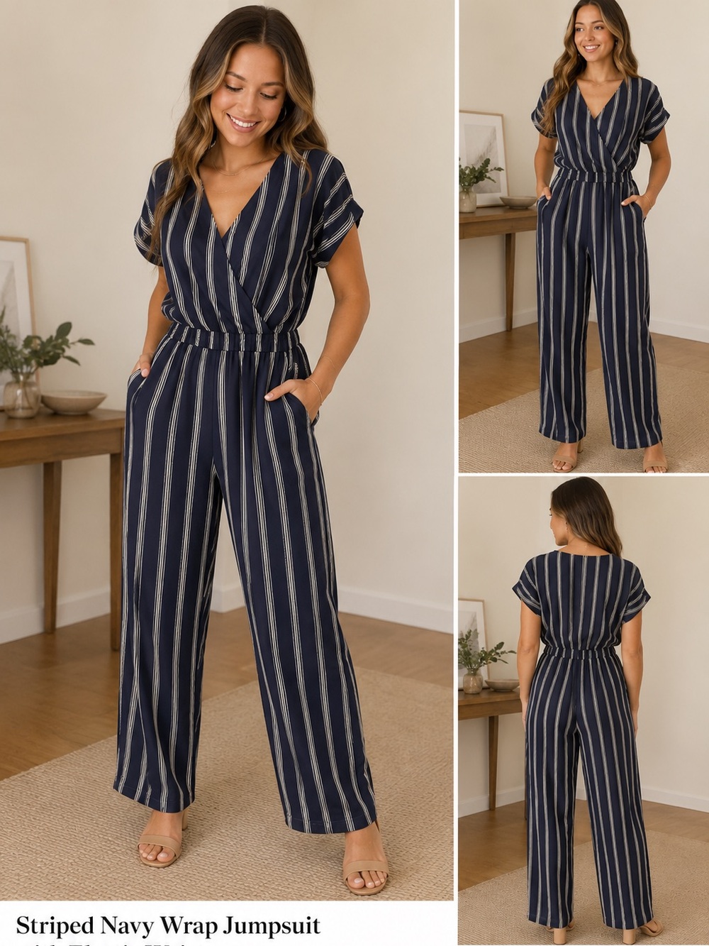 Striped Navy Wrap Jumpsuit with Elastic Waist